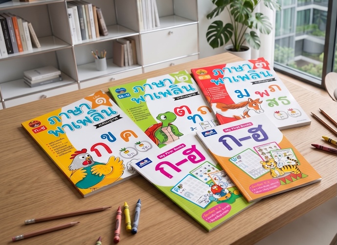 Thai course books and ก-ฮ workbooks from Tarnpanya laid out on a classroom desk